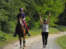 Image of two riders and one horse.