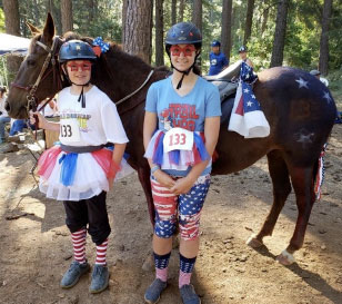 Image of two riders and one horse.